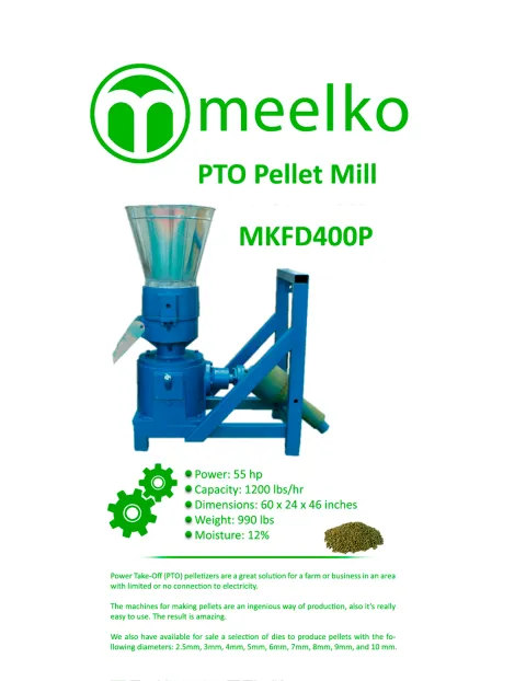 Imagen del producto relacionado Peletizadora PTO MKFD400P de 400 mm: Alta Producción en el Campo - La MKFD400P es la peletizadora PTO más grande y potente de la línea, con matriz de 400 mm. Se acciona directamente con el tr…