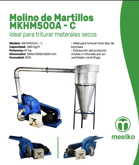 Imagen del producto relacionado Molino Triturador Diésel MKH500A-C, hasta 680 kg/h - Molino triturador de biomasa a martillos diésel MKH500A-C, con motor potente y hasta 680 kg/h. Tritura madera, tallos y resi…