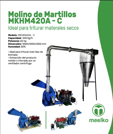 Imagen del producto relacionado Molino Triturador de Biomasa Diésel MKH420A-C de 22 hp - Molino triturador de biomasa a martillos diésel MKH420A-C, con motor de 22 hp y hasta 545 kg/h. Tritura madera y residuos se…